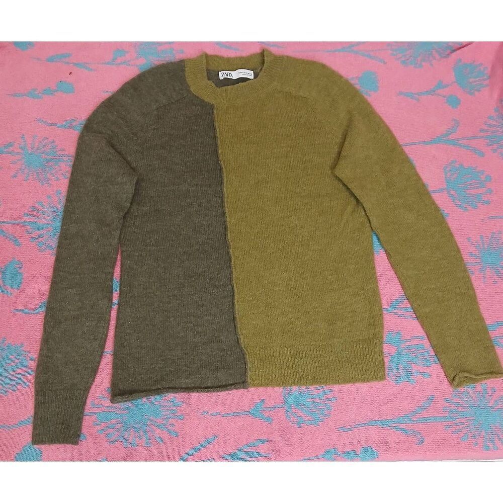Zara womens medium fine lightweight sweater gray wool alpaca green color block